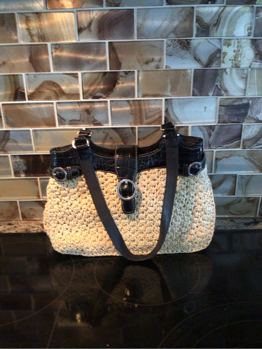 Brighton Cream Woven Shoulder Bag with Black Trim